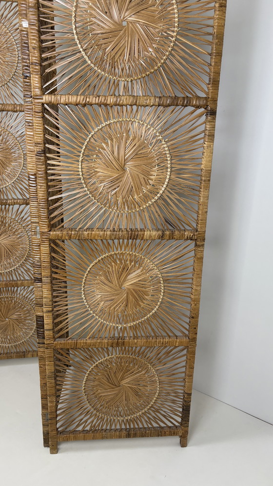 Image 1 of Vintage Sunburst rattan bamboo large folding screen room divider