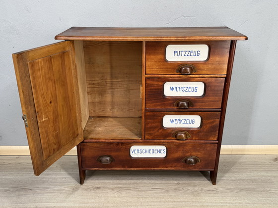Image 1 of Antique kitchen cabinet with porcelain drawer plates | ca. 1900-1930