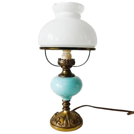 Antique electric converted oil lamp brass turquoise glass upcycled 1900's
