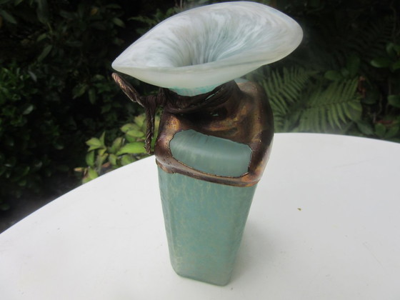 Image 1 of Raku-Vase (Knospenvase), signiert, Studiokeramik, Kunstglas/Metallic