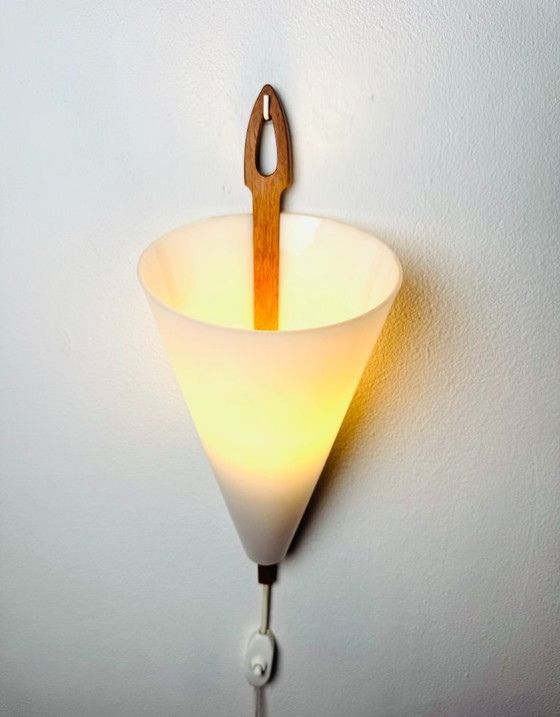 Cone-shaped wall lamp by Hans-Agne Jakobsson for Markaryd, Sweden, 1960s, Wall lights, Wood, Plastic, White (photo 7 of 7)