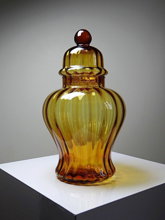 Image 1 of Snoepkom van geblazen amberkleurig glas uit Empoli, Italië, vintage jaren 1980-1990.