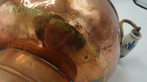 Image 1 of COPPER DUTCH HELMET COAL ASH SCUTLLE BUCKET DELFT BLUE HANDLE BRASS LION HEAD