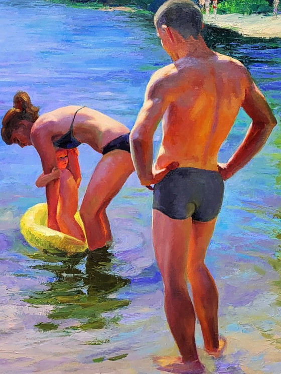 Image 1 of Original Oil Painting Natural Landscape River Happy Summer Childhood
