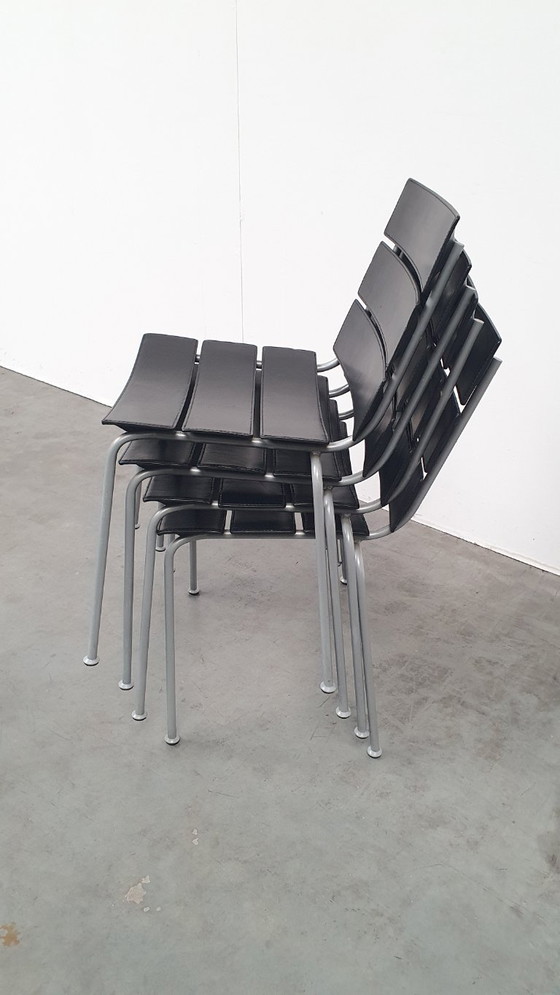 Image 1 of 4x Giancarlo Vegni Fasem Italia Stripe Zadelleer Vintage Stoelen Design