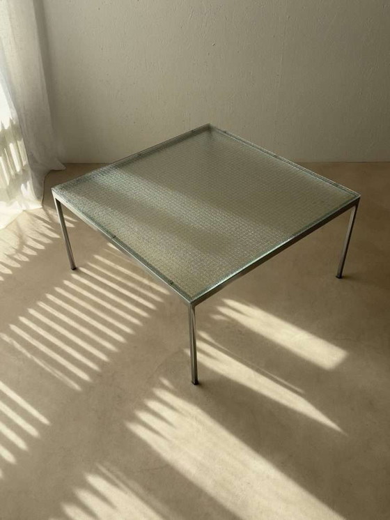 Image 1 of Table basse en acier inoxydable avec plateau en verre armé, style minimaliste des années 1960
