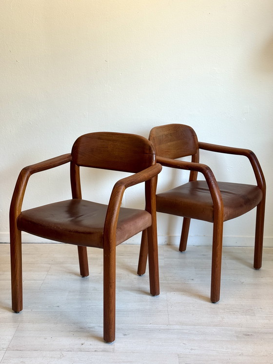 Image 1 of Vintage Deense stoelen van teak met leer