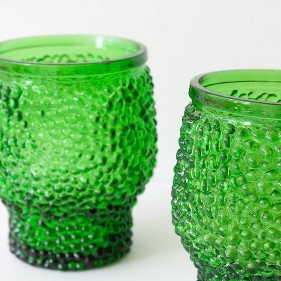 Image 1 of Vintage Green Set of 6 Cocktail bubble glasses, ice bucket and ice clamps, 1970's