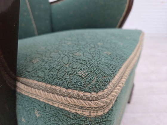 Image 1 of Deense fauteuil uit de jaren 60, bekleed met groene en beige meubelwol.