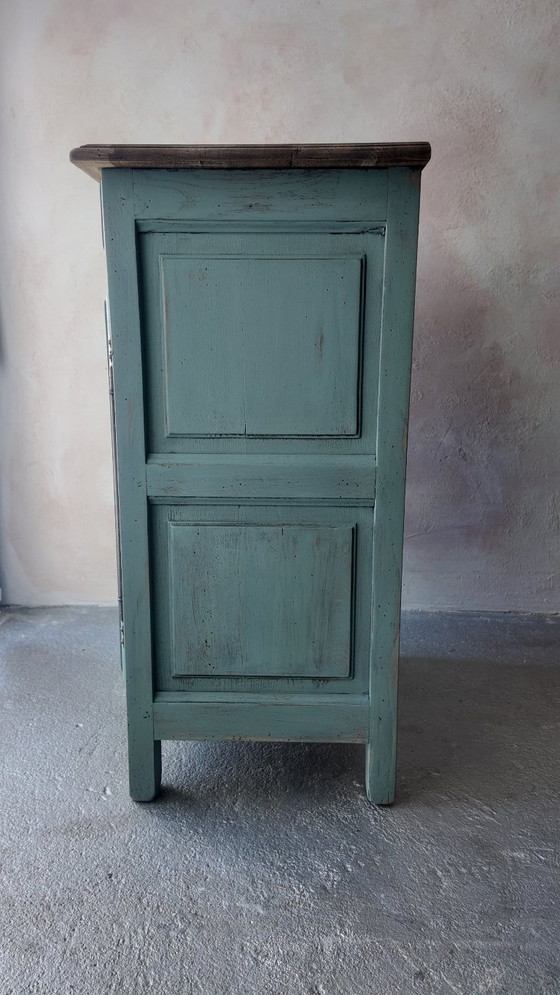Image 1 of Antique jam cupboard with a sage green patina and solid wood finish