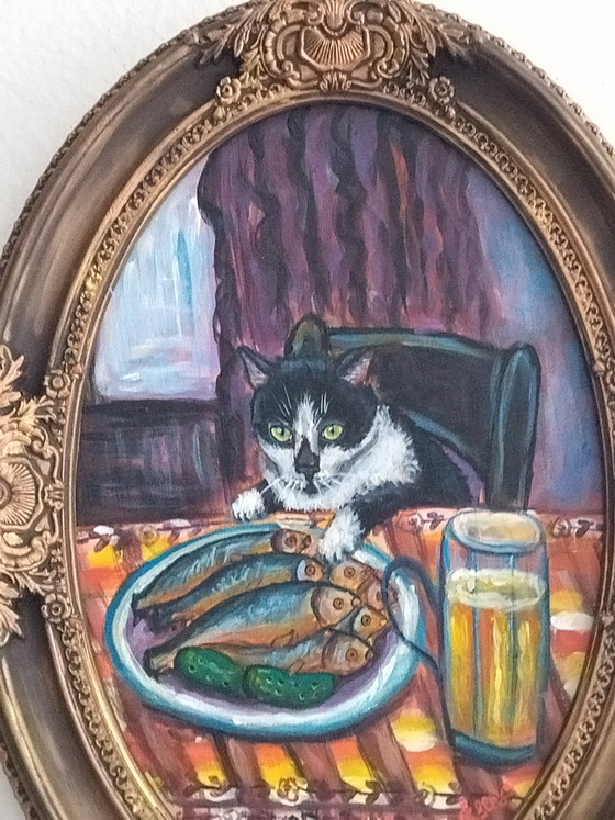 Image 1 of Original painting of the cat Pipette – Handcrafted cold-fired ceramic frame (33x22 cm)