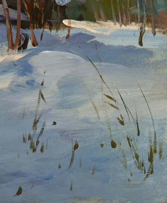 Image 1 of Original Oil Painting Winter Church Landscape View of the monastery in the evening