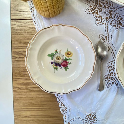 Set of 6 antique Badonviller earthenware soup plates with flowers and gilding