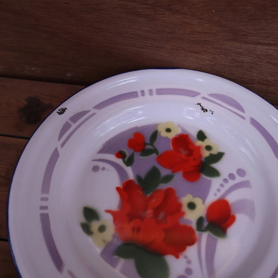 7 bedruckte florale Emaille-Teller "bon voyage" Made in China – Geschirr, Vintage (photo 5 of 12)