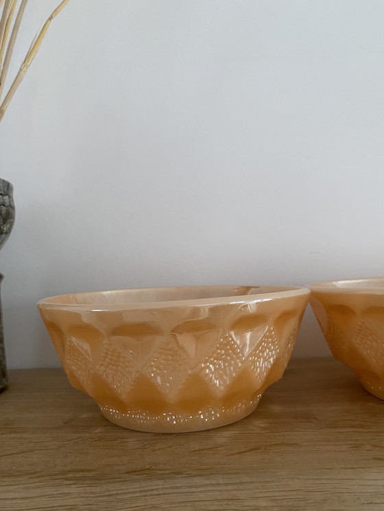 Image 1 of Vintage Fire King melkglazen Kimberly Peach Luster ontbijtkommenset