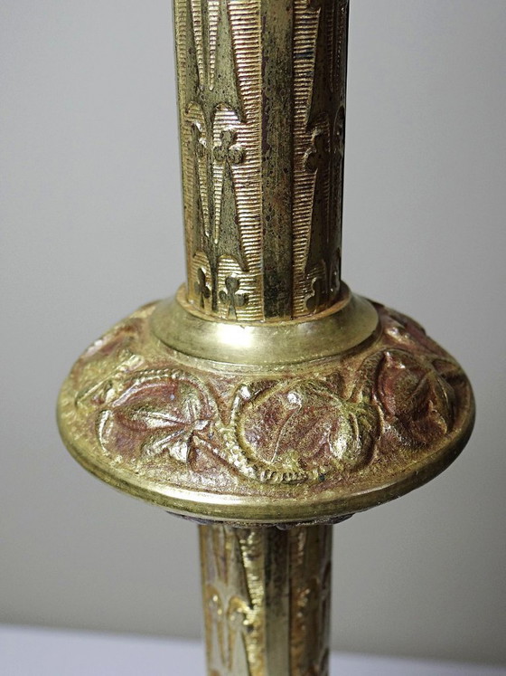 Image 1 of Large pair of antique gilt bronze candlesticks, 19th-century Gothic style
