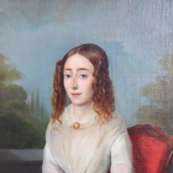 Image 1 of Portrait of a Young Woman with a Book, Oil Painting on Canvas, Italy 19th Century