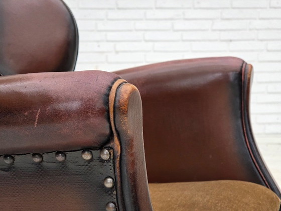 Image 1 of 1930s, Danish armchair, brown furniture leather, velour.