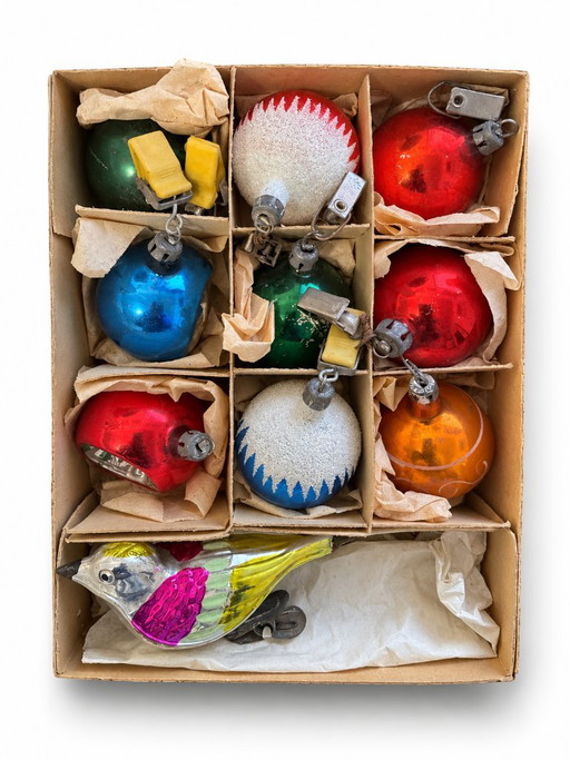 Set of vintage multicolored glass Christmas ornaments