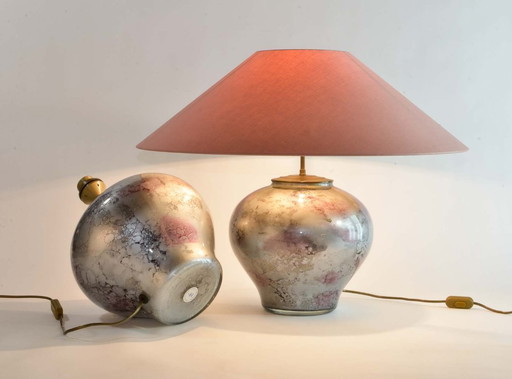 Pair of Mid-Century Design Lilac Silver French Handmade Crystal Glass Table Lamps by Laque Line, set of 2