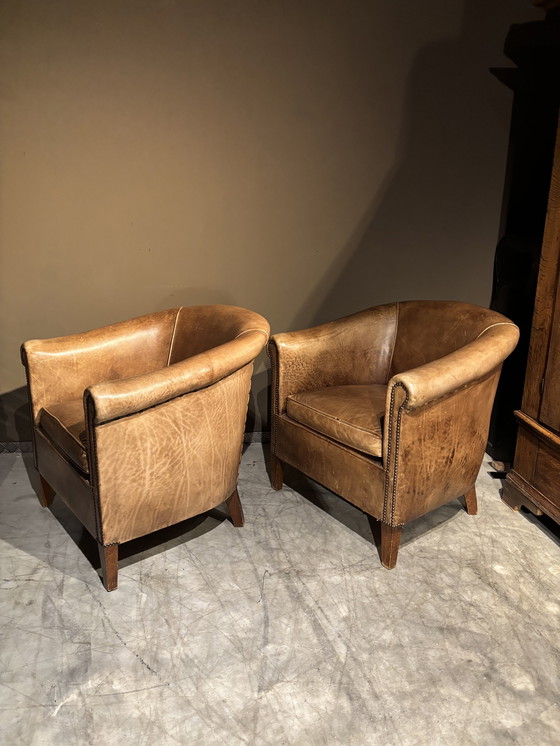 Image 1 of Cognac Bruine Runderleren Clubfauteuils-Vintage