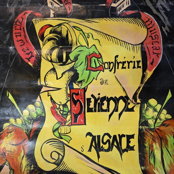 Image 1 of Old painted wine poster Alsace, mid-20th century