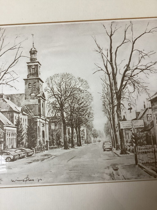 Wim van de Plas “Dorpsgezicht Udenhout 1974” - Obra de Arte Enmarcada Grande 43x53 cm - incluye Certificado Original.