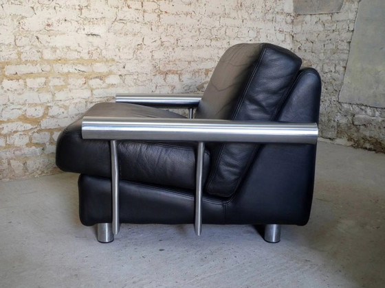 pair of armchairs, black leather & stainless steel, 1990 – Vintage (photo 3 of 14)