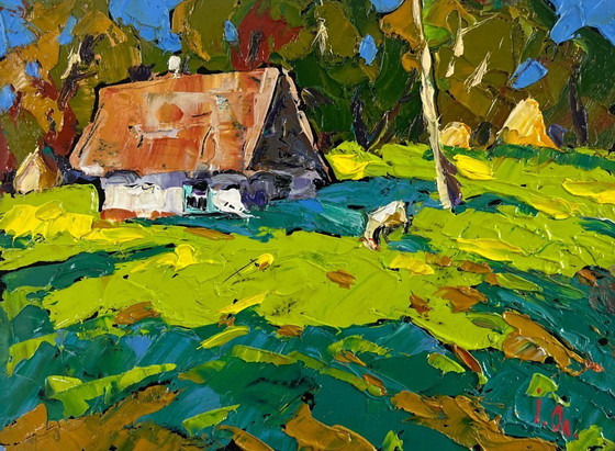 Image 1 of Original Oil Painting Summer House Landscape Forest path to the sunny hut