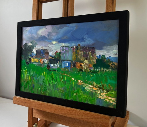 Original Oil Painting Summer Village Landscape Rural idyll with huts and cattle