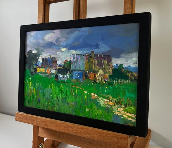 Image 1 of Original Oil Painting Summer Village Landscape Rural idyll with huts and cattle