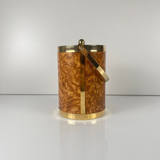 Vintage plastic ice bucket with elm burl effect, 1970