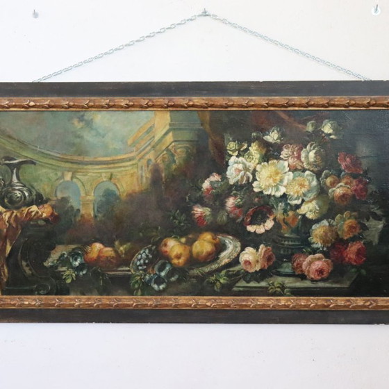 Image 1 of Stilleven, groot olieverfschilderij op doek, Italië, 19e eeuw