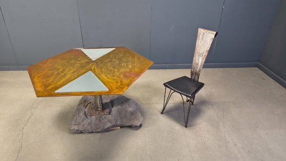 Image 1 of Handgemaakte eethoek van staal en steen, jaren 70 - vintage eethoek - handgemaakte eethoek - postmoderne eettafel en stoelen