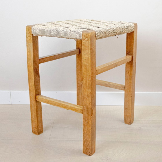 Image 1 of Low Wooden Stool with Seagrass Cord