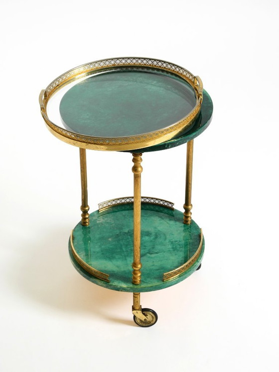 Image 1 of Round, small 1960s Aldo Tura serving or bar trolley in green goatskin leather | Made in Italy