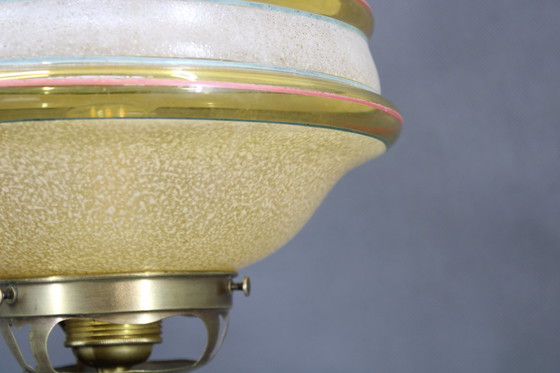 Image 1 of 1940s Restored Brass Table Lamp with Marble Base and Glass Shade