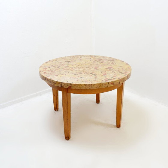 Image 1 of Round wooden coffee table with an Aleppo breccia marble top