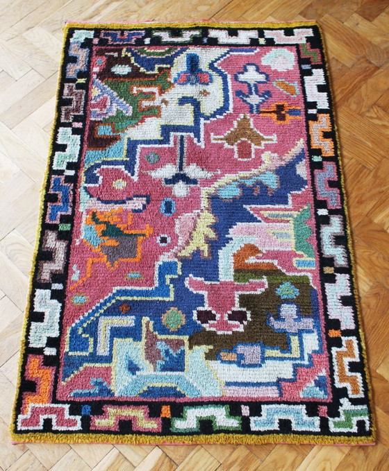 Image 1 of Wollen vloerkleed uit de jaren 60 met levendig geometrisch abstract patroon