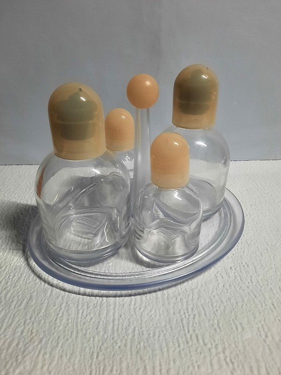 Image 1 of Vintage Bodum Cruet Set – Design Carsten Jørgensen | Olie & Azijn + Zout & Peper | Ovale Houder | 20x13x16 cm