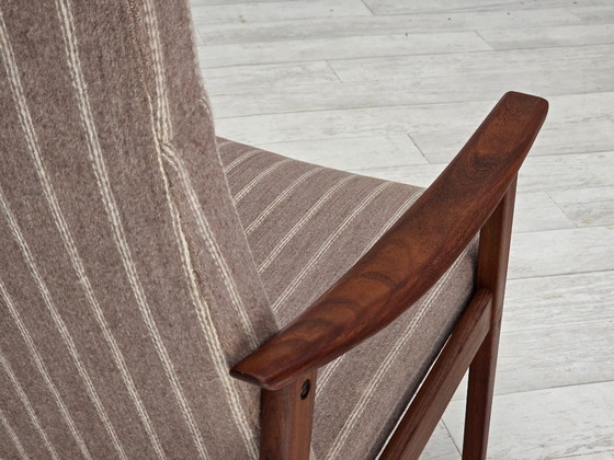 Image 1 of Poltrona danese con schienale alto, anni '70, lana per mobili, legno di teak, originale.