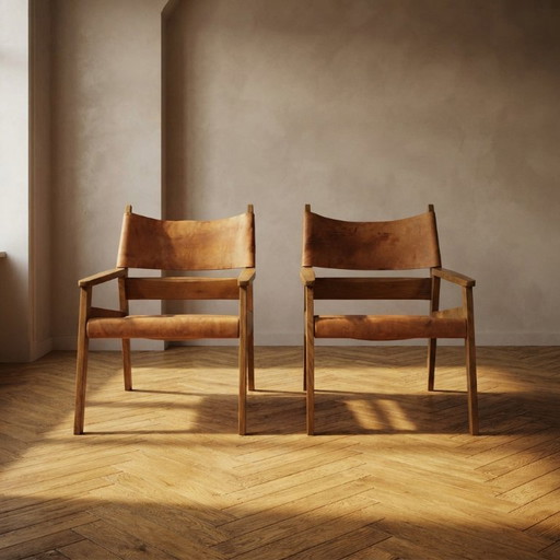 Paar Vintage Holz-Sessel mit Lederpolsterung, 20. Jahrhundert, 75 × 56 × 65 cm
