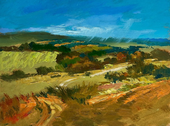 Image 1 of Original Oil Painting Summer Field Landscape Green expanses of fields