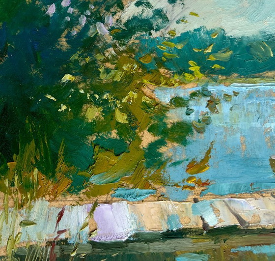 Image 1 of Original Oil Painting Summer River Landscape Good fishing holiday