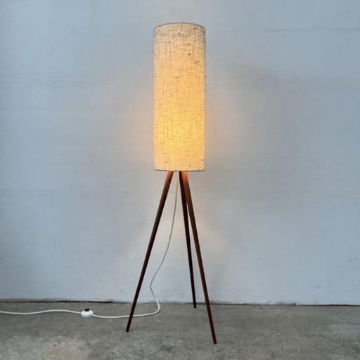 Mid-century floor lamp - tripod - teak - cream shade