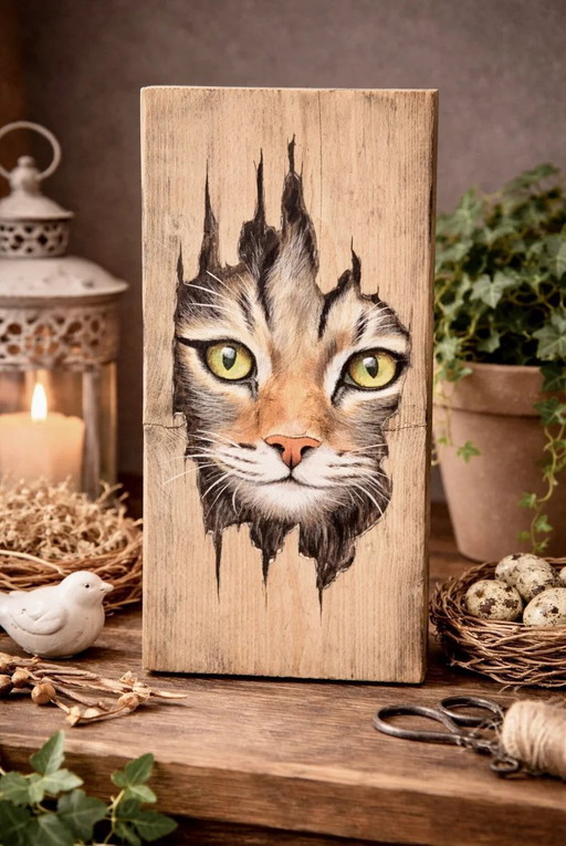Unique Hand-Painted Cat, Donkey, or Woodpecker on Scaffold Wood (50x20 cm)