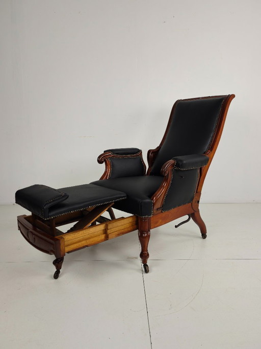 Antiker Bibliotheksstuhl aus dem 19. Jahrhundert von Horrix – Schwarzes Leder – verstelbare relaxstoel, Wood, Leather