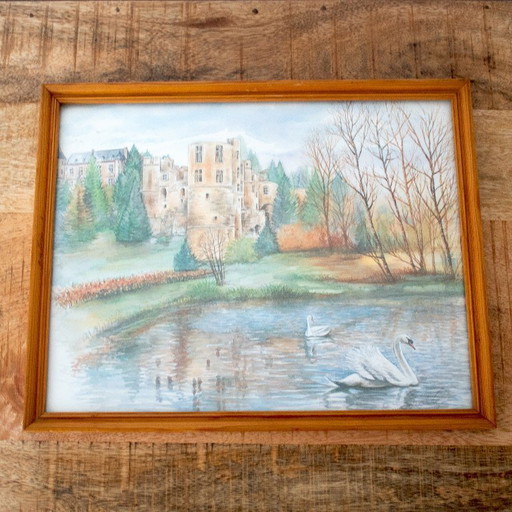 Aquarelprint van kasteel Beaufort Luxemburg, door Bernadette Voz, ingelijst