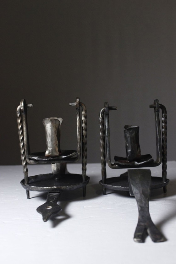 Image 1 of Pair of wrought iron castle-style wall sconces with candles, mid-20th century