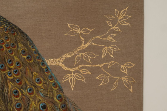 Image 1 of Canvas painted with a peacock on a branch. Contemporary work.